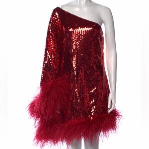 Taller Marmo Red Sequin One-Shoulder Dress with Feather Trim